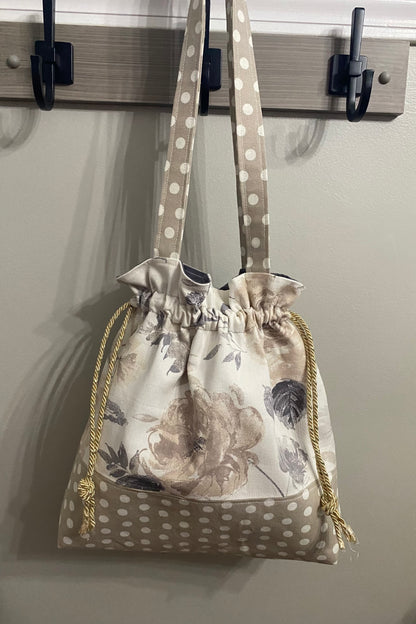 Grey polka with floral purse/drawstring closure