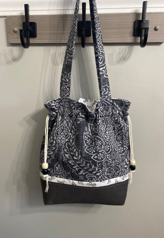 Charcoal grey paisley print drawstring purse