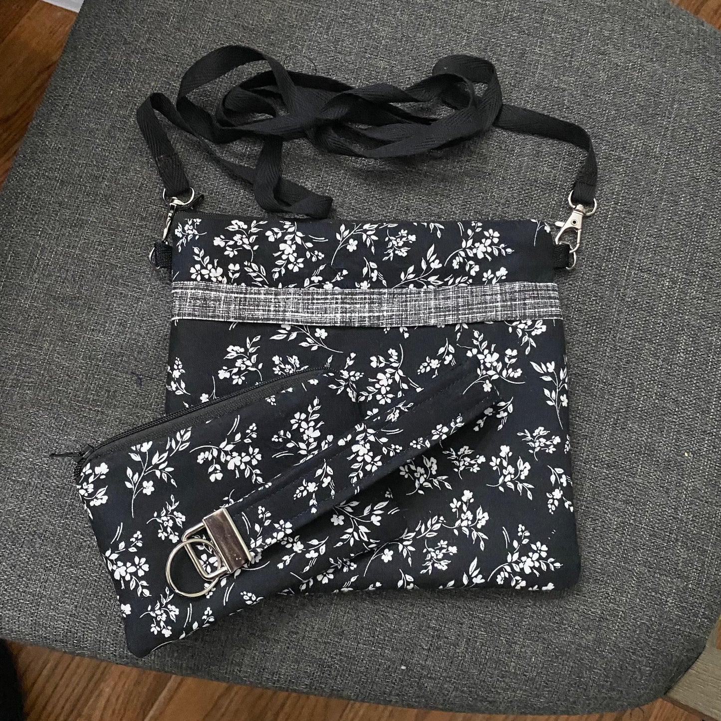 Handmade crossbody purse with black with white flowers & matching wallet/keychain.