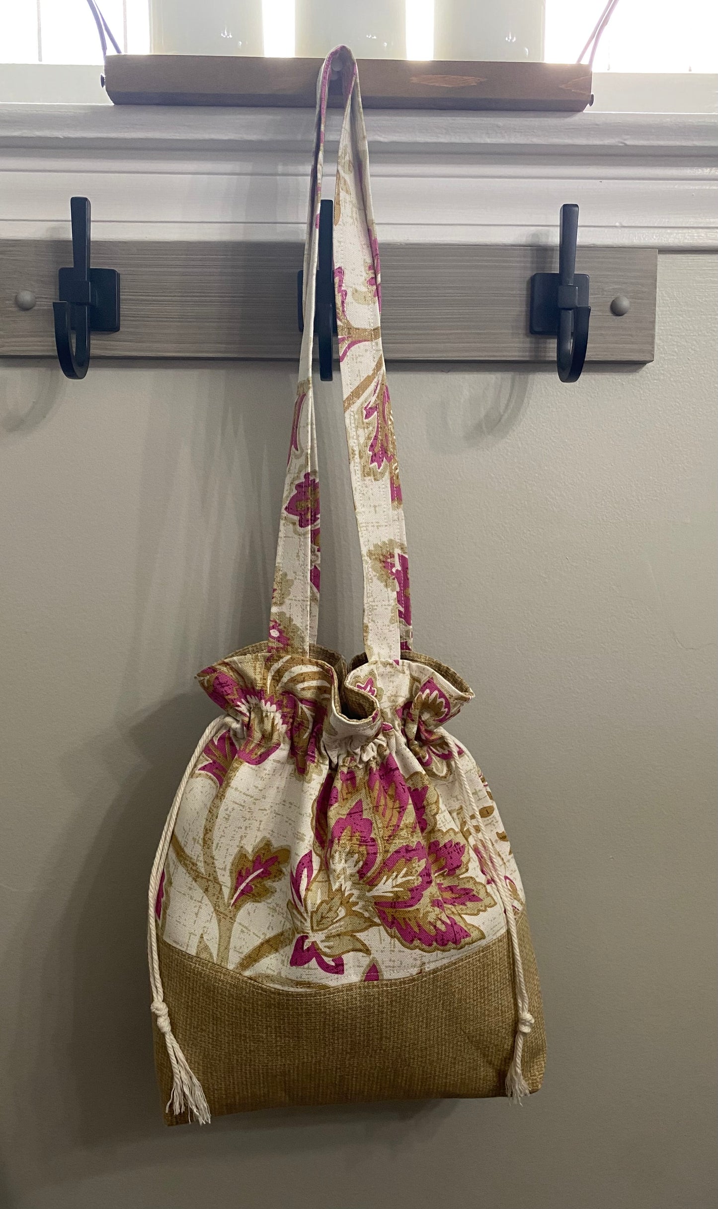 Tan with pink floral drawstring closure purse