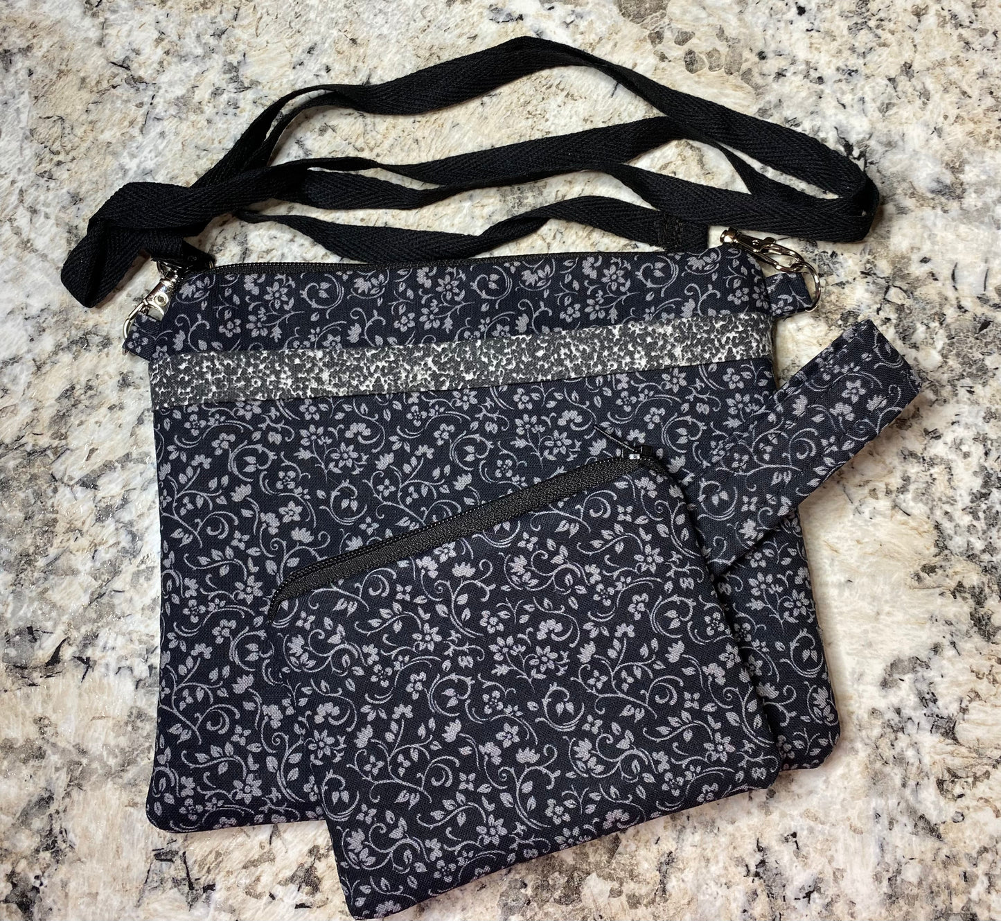 Handmade Black/grey pattern crossbody purse with matching wallet, keychain