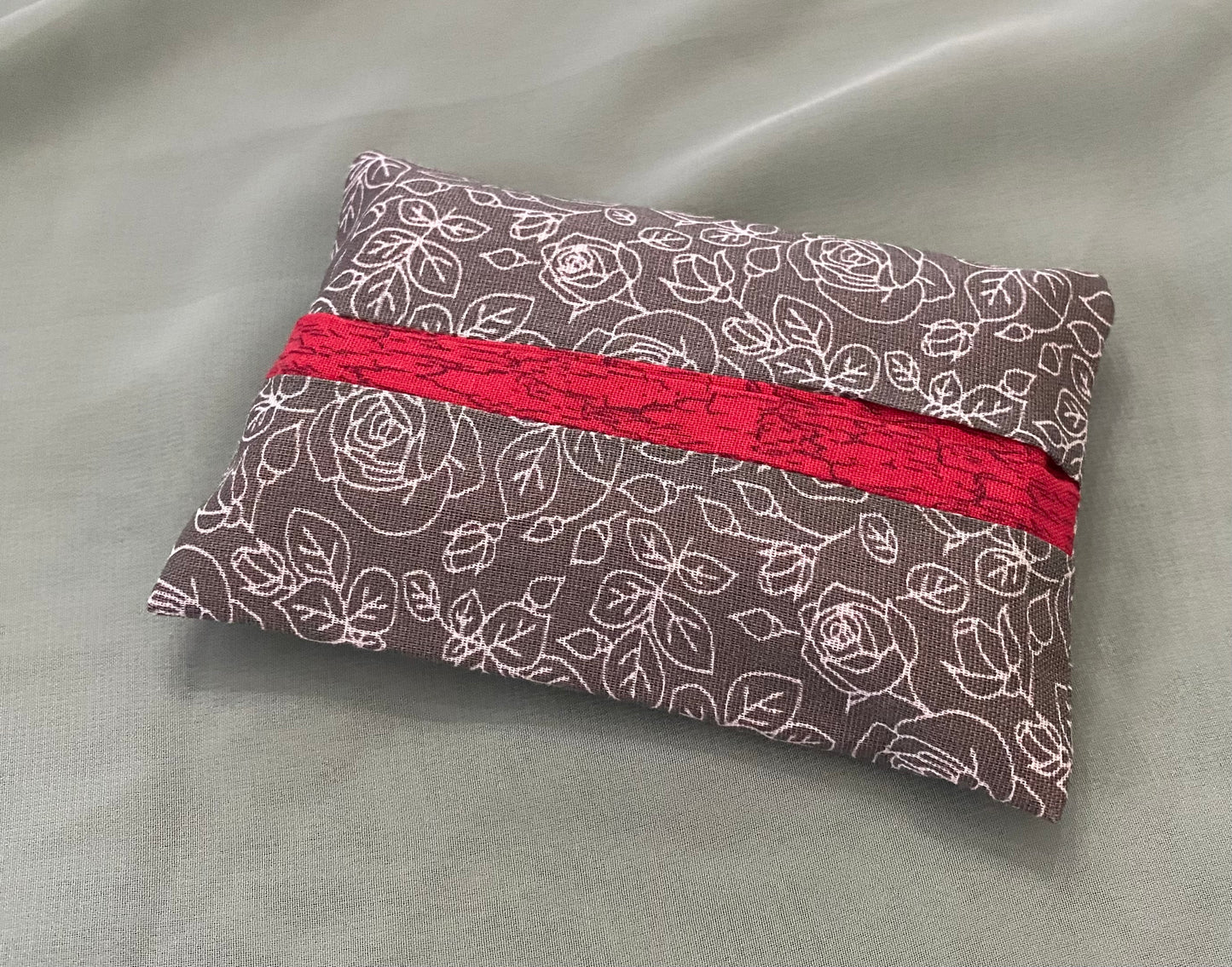 Grey floral print with red pocket tissue holder