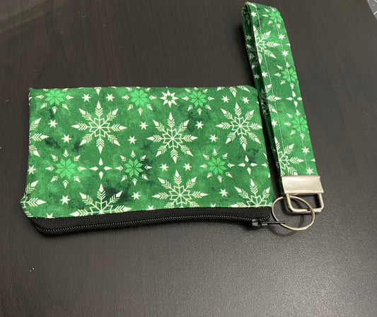 Christmas Green fabric with snowflakes wallet/keychain