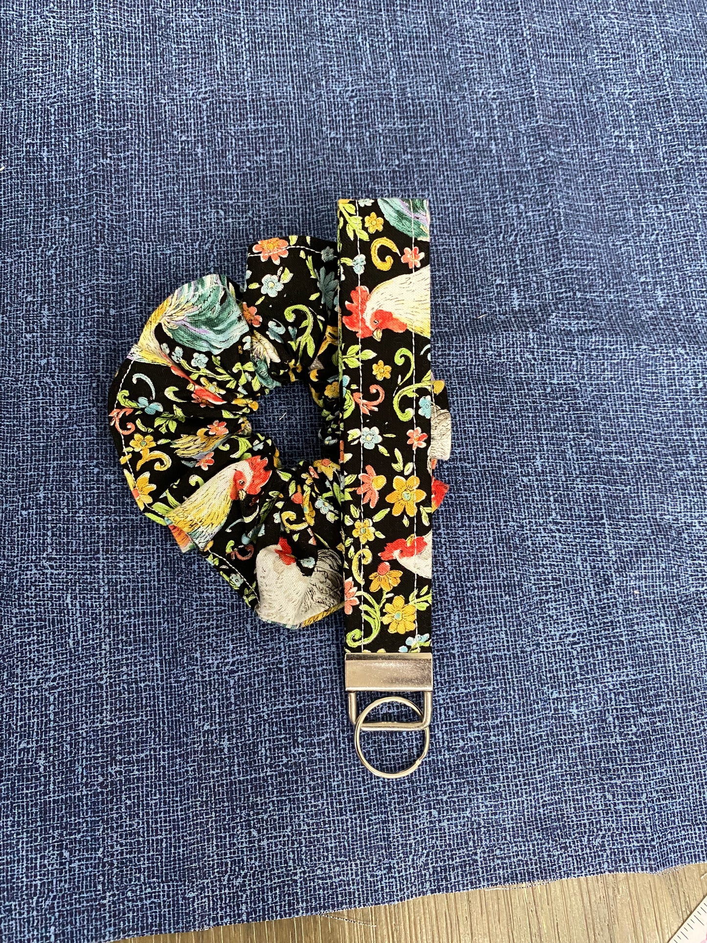 Colorful chickens scrunchie with matching keychain