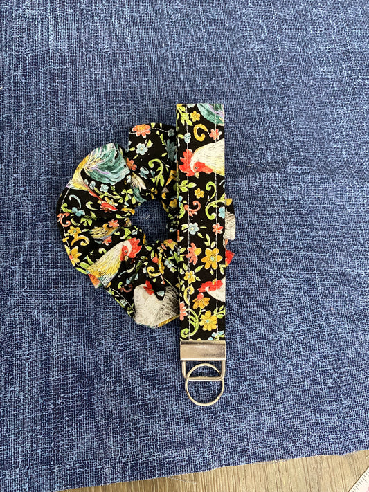 Colorful chickens scrunchie with matching keychain