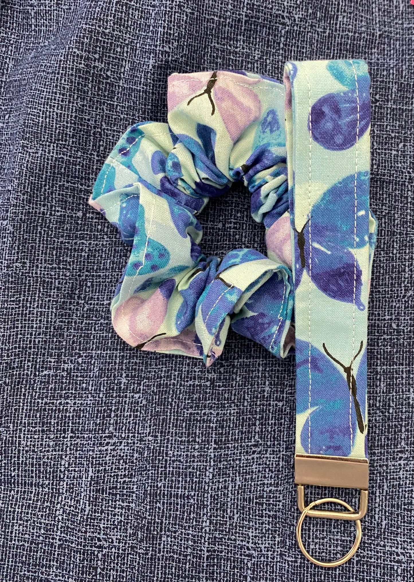 Blue/purple butterfly scrunchie with matching keychain