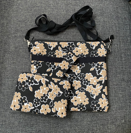 Handmade Brown/black floral pattern crossbody purse with matching wallet, keychain