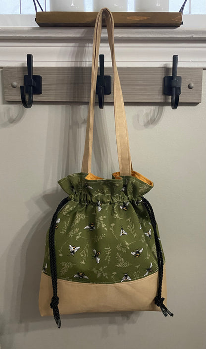 Olive green bee print drawstring closure purse