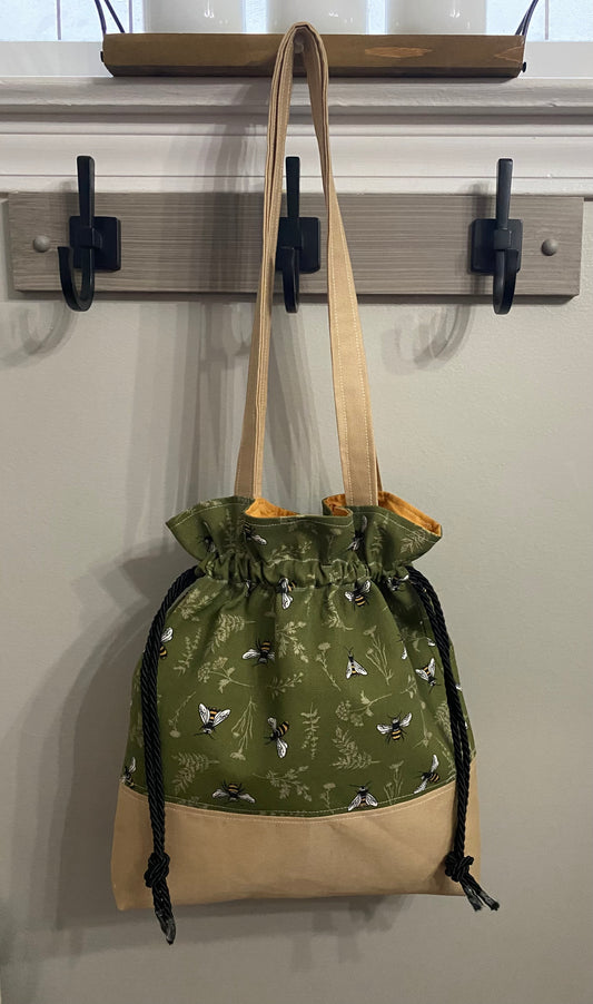 Olive green bee print drawstring closure purse