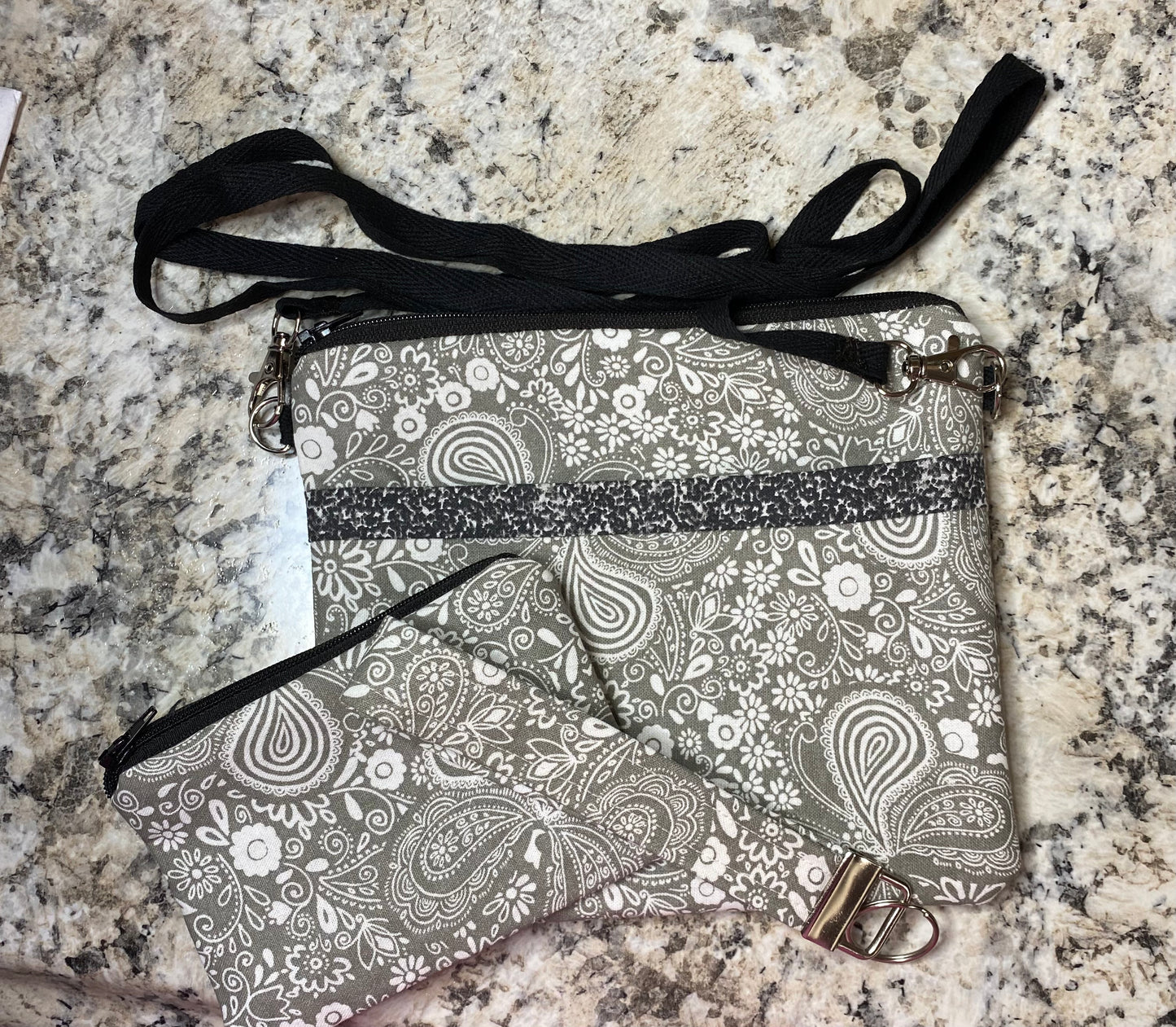 Handmade Grey with white butterfly pattern crossbody purse, wallet, & keychain