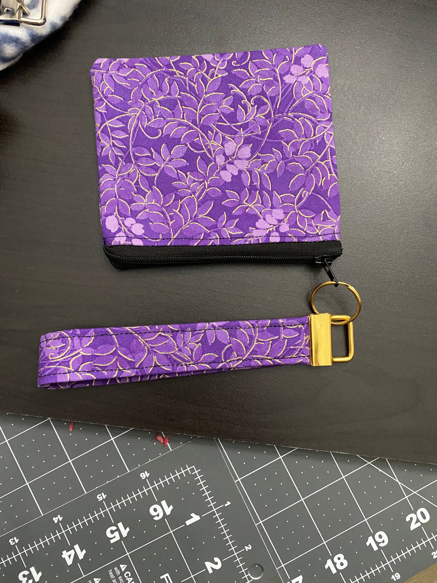 Handmade Purple flower print fabric wallet / keychain