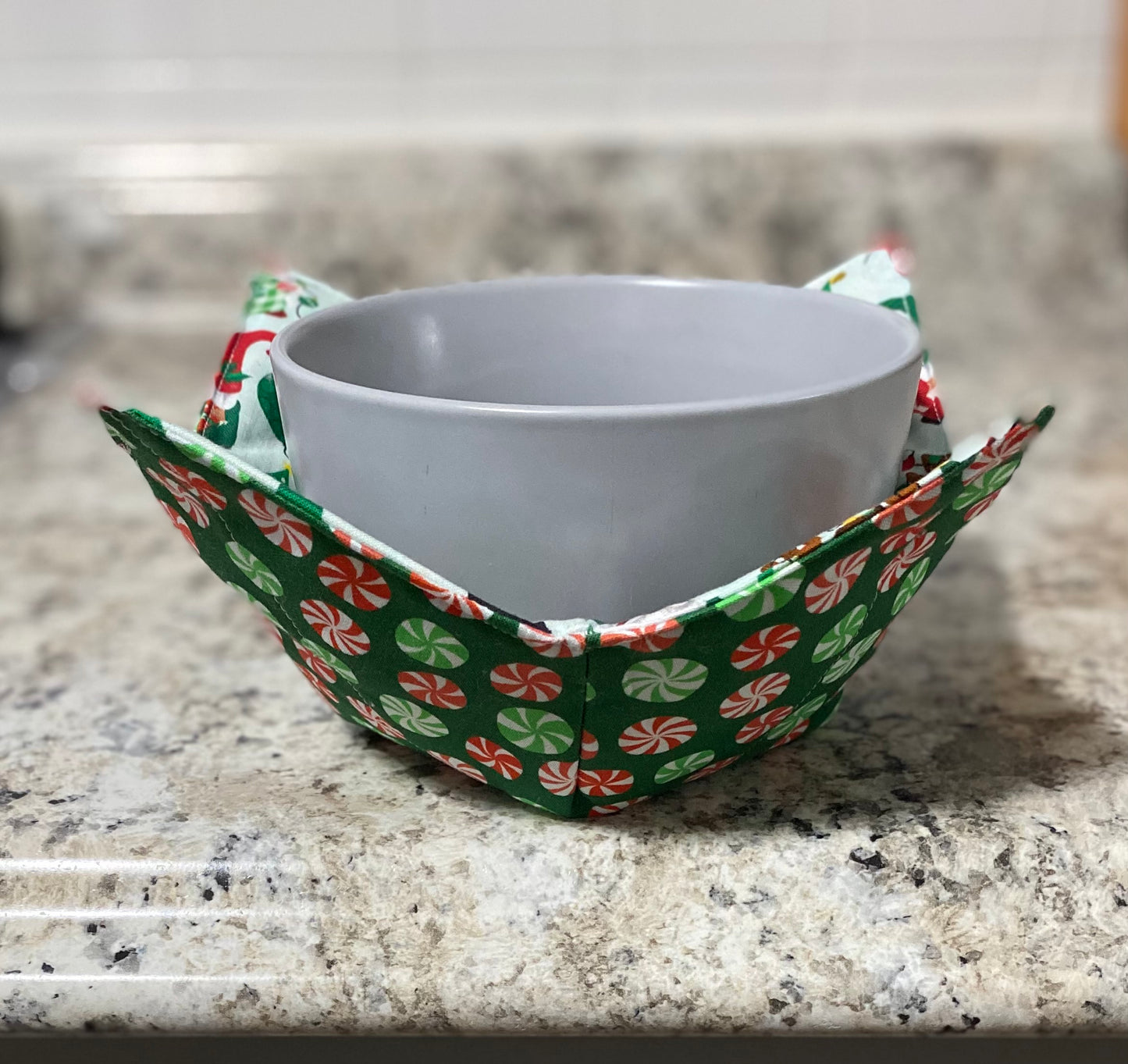 Reversible bowl cozy Christmas candy one one side gnomes on other