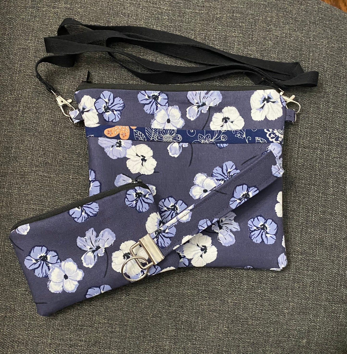 Blue with white floral pattern  crossbody purse with matching wallet/keychain