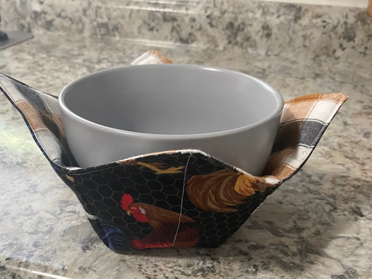 Reversible chicken/plaid print bowl cozy