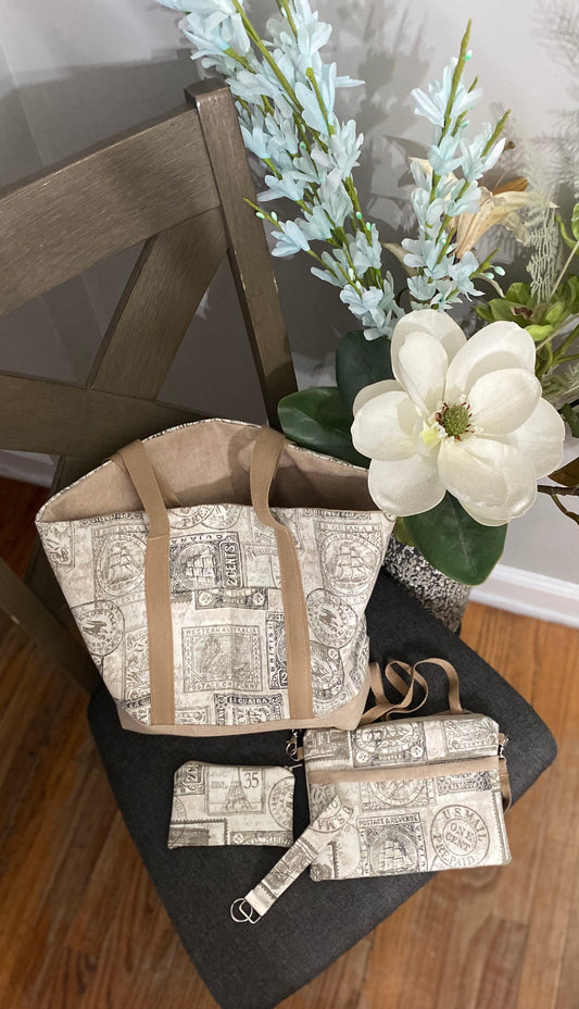 Tan color stamps pattern tote purse bundle