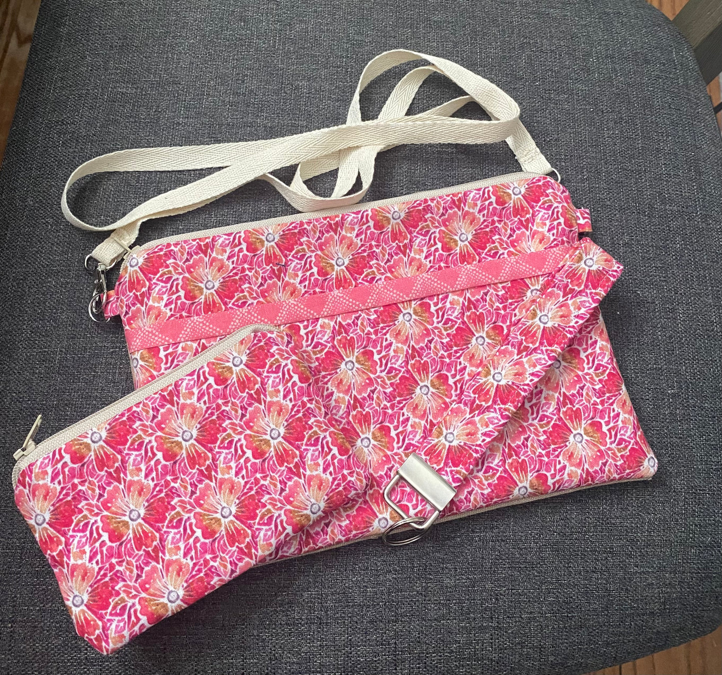 Handmade pink floral  crossbody purse set