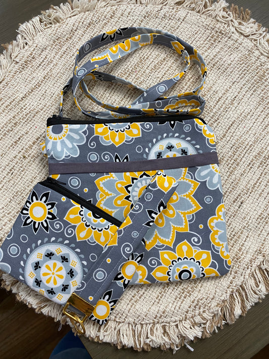 Grey/yellow pattern crossbody purse with matching wallet/keychain